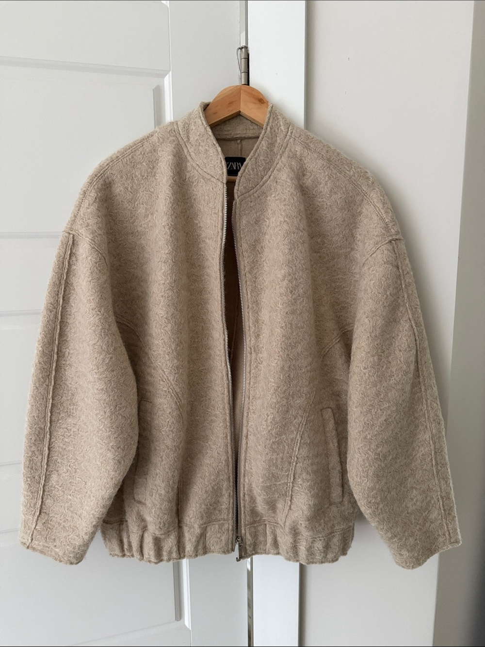 Zara Women’s  Neutral Beige Zip-Up Bomber Sweater